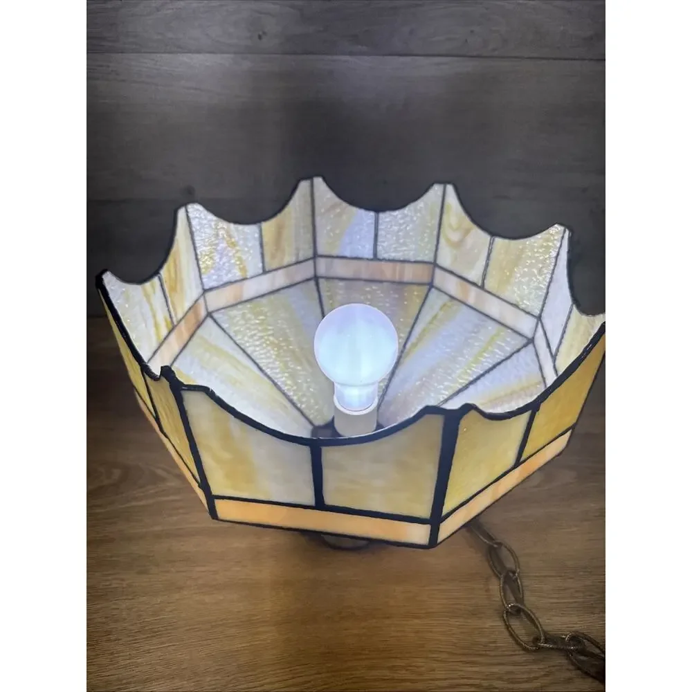 VTG 1970s Stained Glass Hanging Bar Tiffany Style Ceiling Lamp Shade 11.25x9.25”